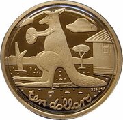 10 Dollars - Elizabeth II 4th Portrait - Gold Kangaroo; Reg Mombassa, Australia, 2008 reverse image