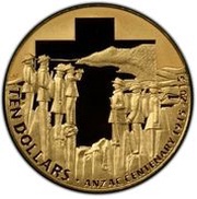 10 Dollars - Elizabeth II 4th Portrait - ANZAC Centenary - Gold Proof, Australia, 2015 reverse image