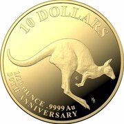 10 Dollars In the name of Elizabeth II; 6th portrait - Kangaroo; Mob of Thirty - Gold Proof, Australia, 2023 reverse image
