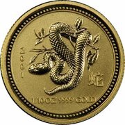 15 Dollars - Elizabeth II 4th Portrait - Year of the Snake - Gold Bullion Coin, Australia, 2001 reverse image