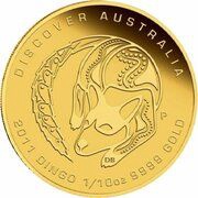 15 Dollars - Elizabeth II 4th Portrait - Dingo; Gold Bullion Coin, Australia, 2011 reverse image