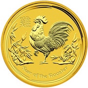15 Dollars - Elizabeth II 4th Portrait - Year of the Rooster - Gold Bullion Coin, Australia, 2017 reverse image