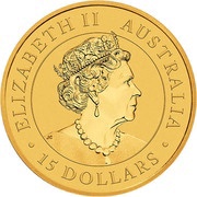 15 Dollars - Elizabeth II 6th Portrait - Australian Kookaburra - Gold Bullion Coin obverse image