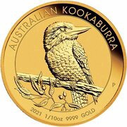 15 Dollars - Elizabeth II 6th Portrait - Australian Kookaburra - Gold Bullion Coin, Australia, 2021 reverse image
