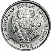 25 Dollars - Elizabeth II 3rd Portrait - Koala - Platinum, Australia, 1991-1992 reverse image