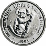 25 Dollars - Elizabeth II 3rd Portrait - Koala - Platinum, Australia, 1992-1993 reverse image