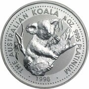 25 Dollars - Elizabeth II 3rd Portrait - Koala - Platinum, Australia, 1997-1998 reverse image