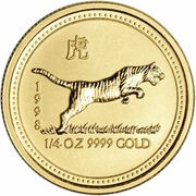25 Dollars - Elizabeth II 3rd Portrait - Year of the Tiger - Gold Bullion Coin, Australia, 1998 reverse image