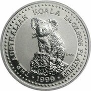 25 Dollars - Elizabeth II 4th Portrait - Koala - Platinum, Australia, 1998-1999 reverse image