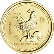 25 Dollars - Elizabeth II 4th Portrait - Year of the Rooster - Gold Bullion Coin, Australia, 2005 reverse image