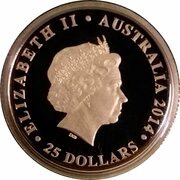 25 Dollars - Elizabeth II 4th Portrait - Australian Kangaroo 25th Anniversary Gold Proof obverse image