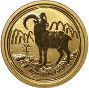 25 Dollars - Elizabeth II 4th Portrait - Year of the Goat - Gold Bullion Coin, Australia, 2015 reverse image