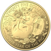 25 Dollars - Elizabeth II 4th Portrait - Year of the Pig - Gold Bullion Coin, Australia, 2019 reverse image