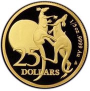 25 Dollars In the name of Elizabeth II; 6th Portrait - Fighting Kangaroos; Gold Proof, Australia, 2023 reverse image