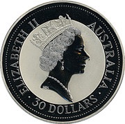 30 Dollars - Elizabeth II 3rd Portrait - Australian Kookaburra - Silver Bullion Coin obverse image
