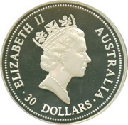 30 Dollars - Elizabeth II 3rd Portrait - Australian Kookaburra - Silver Bullion Coin obverse image