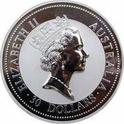 30 Dollars - Elizabeth II 3rd Portrait - Australian Kookaburra - Silver Bullion Coin obverse image
