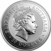 30 Dollars - Elizabeth II 4th Portrait - Australian Kookaburra - Silver Bullion Coin obverse image