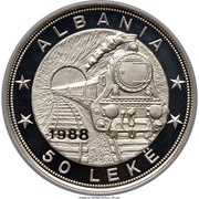 50 Lekë Albanian Railroads; Piedfort Essai, Albania, 1988 reverse image