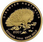 50 Dollars - Elizabeth II 4th Portrait - Echidna; Gold Bullion Proof, Australia, 2007 reverse image