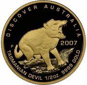 50 Dollars - Elizabeth II 4th Portrait - Tasmanian Devil; Gold Bullion Proof, Australia, 2007 reverse image