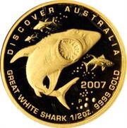 50 Dollars - Elizabeth II 4th Portrait - Great White Shark; Gold Bullion Proof, Australia, 2007 reverse image