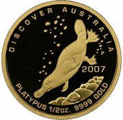 50 Dollars - Elizabeth II 4th Portrait - Platypus; Gold Bullion Proof, Australia, 2007 reverse image