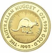 100 Dollars - Elizabeth II 3rd Portrait - Common Walleroo - Gold Proof, Australia, 1991-1992 reverse image