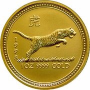 100 Dollars - Elizabeth II 4th Portrait - Year of the Tiger - Gold Bullion Coin, Australia, 1998 reverse image