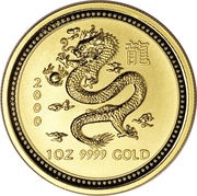 100 Dollars - Elizabeth II 4th Portrait - Year of the Dragon - Gold Bullion Coin, Australia, 2000 reverse image