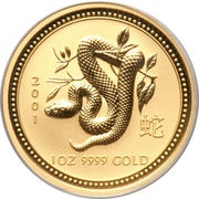 100 Dollars - Elizabeth II 4th Portrait - Year of the Snake - Gold Bullion Coin, Australia, 2001 reverse image