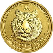 100 Dollars - Elizabeth II 4th Portrait - Year of the Tiger - Gold Bullion Coin, Australia, 2010 reverse image
