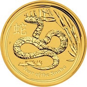 100 Dollars - Elizabeth II 4th Portrait - Year of the Snake - Gold Bullion Coin, Australia, 2013 reverse image