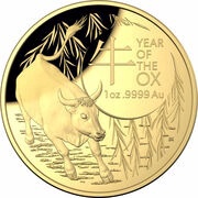 100 Dollars - Elizabeth II 6th Portrait - Year of the Ox; Domed - Gold Proof, Australia, 2021 reverse image