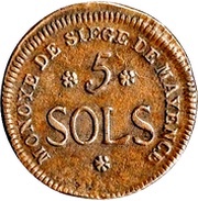 5 Sols - Frederick Charles Joseph Mainz Siege Coinage reverse image