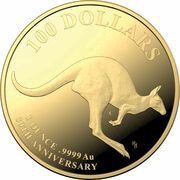 100 Dollars In the name of Elizabeth II; 6th Portrait - Kangaroo; Gold Proof, Australia, 2023 reverse image