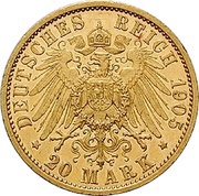 20 Mark - Adolph Frederick V, Germany, 1905 reverse image