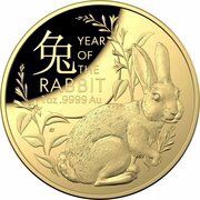 100 Dollars - Elizabeth II Posthumous; 6th Portrait - Year of the Rabbit; Domed - Gold Proof, Australia, 2023 reverse image
