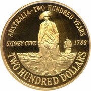 200 Dollars - Elizabeth II 3rd Portrait - First Fleet Arrival - Gold Bullion Coin, Australia, 1988 reverse image