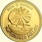 200 Dollars - Elizabeth II 3rd Portrait - Frill Neck Lizard - Gold Bullion Coin, Australia, 1989 reverse image