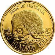 200 Dollars - Elizabeth II 3rd Portrait - Echidna - Gold Bullion Coin, Australia, 1992 reverse image
