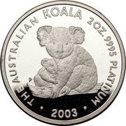 200 Dollars - Elizabeth II 4th Portrait - Koala - Platinum, Australia, 2003 reverse image