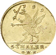 5 Thalers - Adolph Frederick Adolphs d'or, Germany, 1759 reverse image