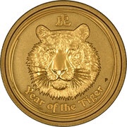 1000 Dollars - Elizabeth II 4th Portrait - Year of the Tiger - Gold Bullion Coin, Australia, 2010 reverse image