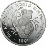2500 Dollars - Elizabeth II 3rd Portrait - Koala - Platinum, Australia, 1991-1992 reverse image