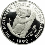 3000 Dollars - Elizabeth II 3rd Portrait - Koala - Platinum, Australia, 1992-1993 reverse image