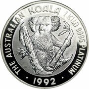 10 000 Dollars - Elizabeth II 3rd Portrait - Koala - Platinum, Australia, 1991-1992 reverse image