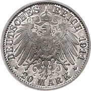 20 Mark - William II Pattern, Germany, 1911 reverse image