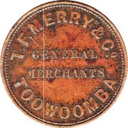 1 Penny - T.F. Merry and Co Toowoomba; Queensland, Australia, 1863 reverse image