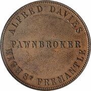 1 Penny - Alfred Davies, Pawnbroker Fremantle; Western Australia, Australia, 1865 reverse image